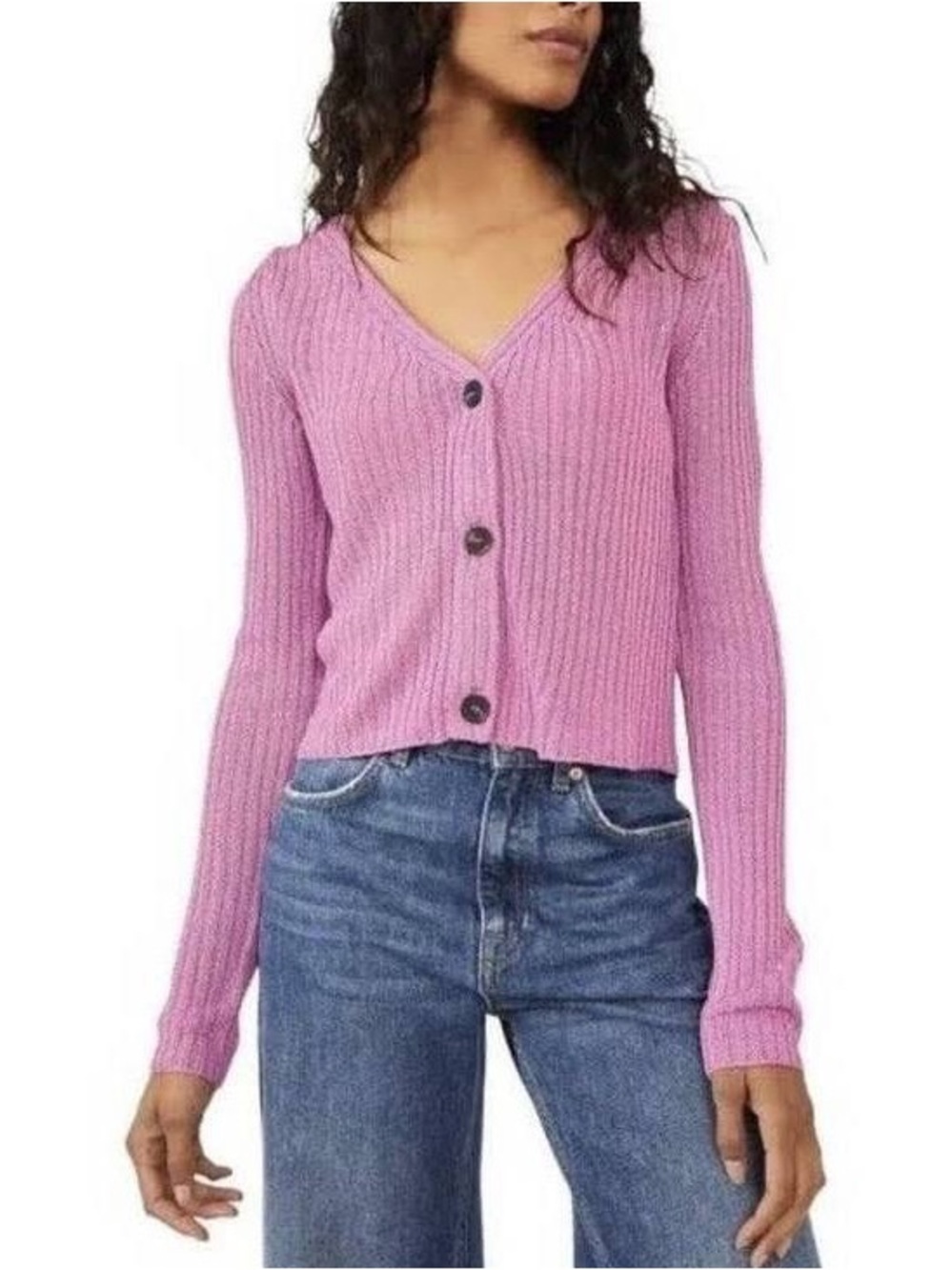 Free People Game On Ribbed Cardigan Sweater Pink Women Size L